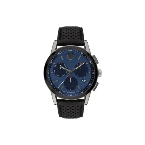 MOVADO Кварцевый механизм Мужские часы Часы 43 мм Синий циферблат Корпус из нержавеющей стали Кожаный ремешок