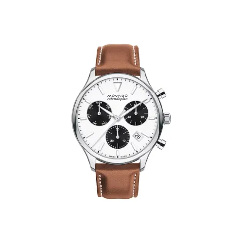 MOVADO Кварцевый механизм Мужские часы Часы 43 мм Белый циферблат Корпус из нержавеющей стали Кожаный ремешок