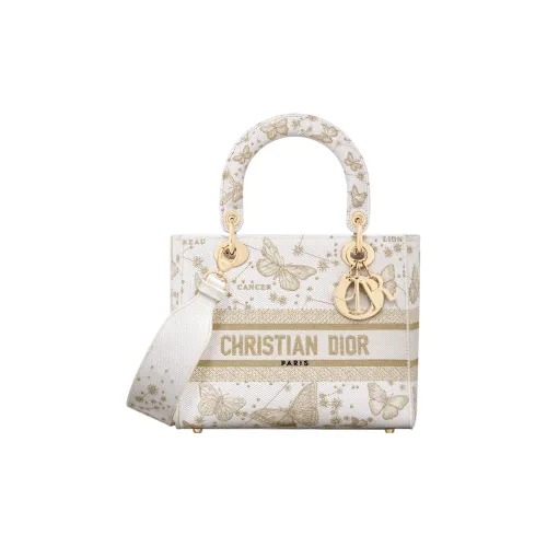 DIOR LADY D Лайт Вышивка Сумка Lady Dior Сумка через плечо Сумка среднего размера Женская Золотая и Белая