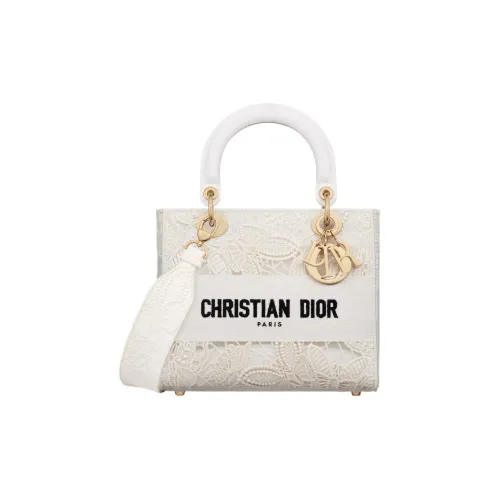 DIOR Вышивка Сумка Lady Dior Сумка через плечо Сумка среднего размера Women's White