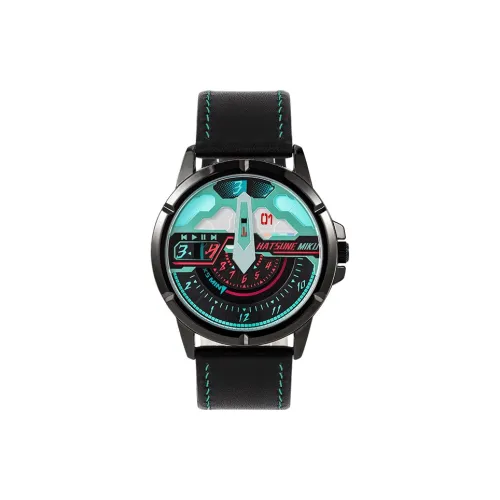 ingyunshi Hatsune Miku Collaboration Кварцевый механизм Естественная кожа Ремешок Часы Унисекс Черный циферблат MZTKN 191