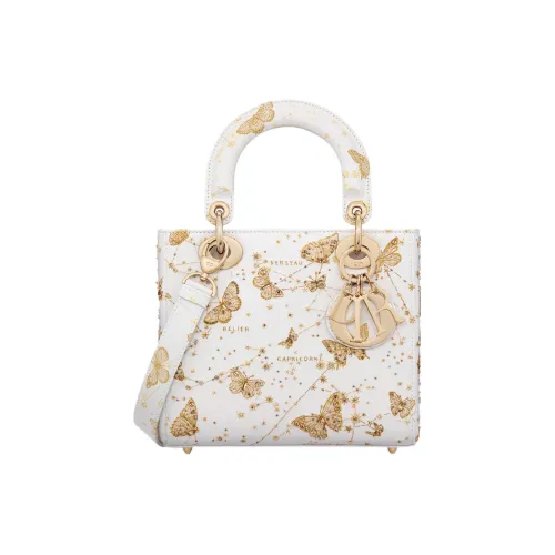 DIOR LADY D Лайт Коровья кожа Сумка Lady Dior Сумка через плечо Сумка Маленькая Женская Белая и Золотая