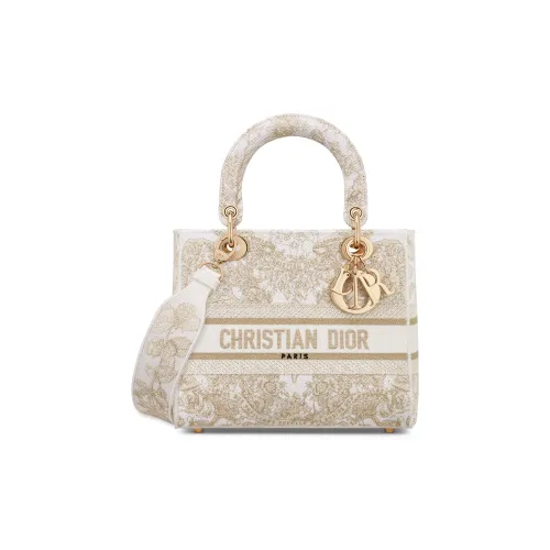 DIOR LADY D Лайт Вышивка Сумка Lady Dior Сумка через плечо Сумка среднего размера Женская Золотая и Белая