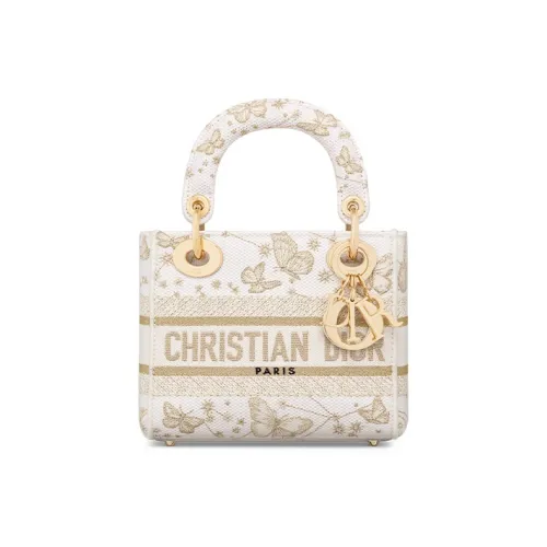 DIOR LADY D Лайт Вышивка Сумка Lady Dior Сумка через плечо Сумка Мини Женская Золотая Белая