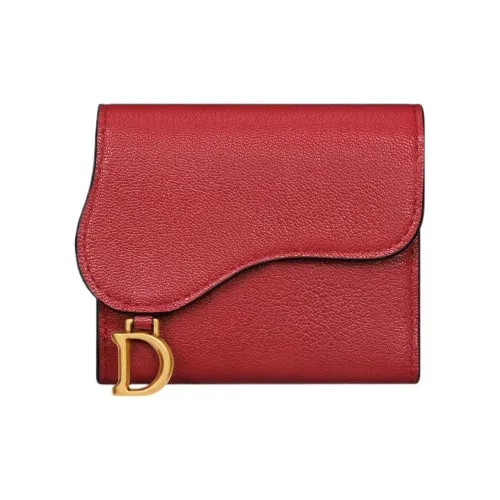 DIOR Седло Козья кожа Кошелек Женские Solitary Цветочный дизайн Красный