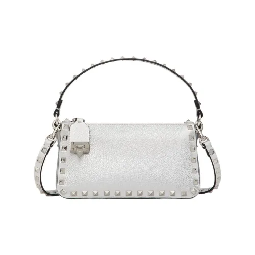 Valentino Rockstud Рельефная Телячья Кожа Багет Сумка Плечевая Сумка Сумка Маленькая Женская Серебряная