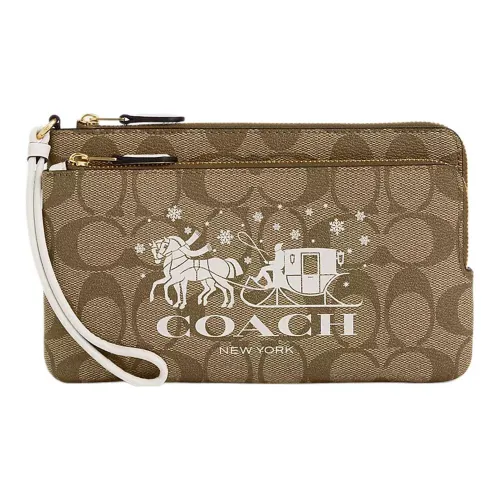 COACH Double Zip Wallet Холст с кожей Запястье Сумка Клатч Кошелек Маленький Женские Золотой Хаки Мел