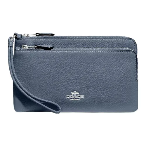 COACH Double Zip Wallet Утонченная кожа с эффектом галечного покрытия сумка на запястье клатч маленький женский серебряный и светлый туман