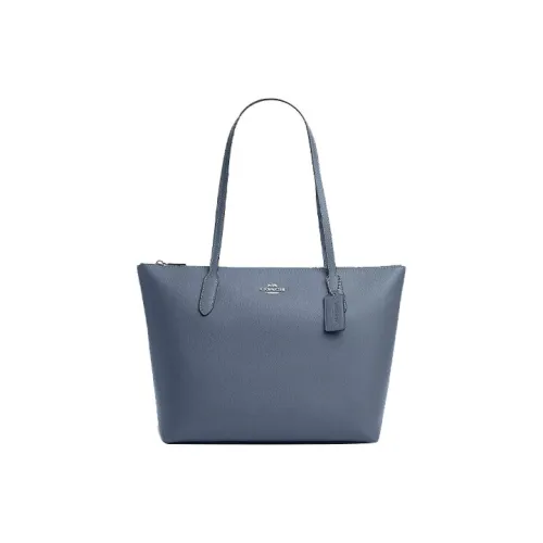 COACH Zip Top Tote Крестообразная текстура Кожа Тоут Сумка Сумка для покупок Сумка на плечо Сумка Большая Women's Silver Light Mist