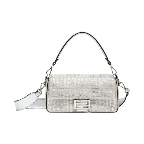 FENDI Baguette Искусственный хрусталь Телячья кожа Сумка через плечо Сумка Women's Silver