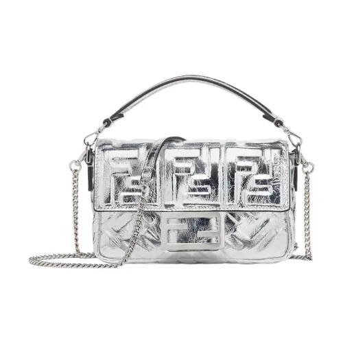 FENDI Baguette Овечья кожа Портативная Сумка через плечо Сумка на плечо Мини Женская Серебряная