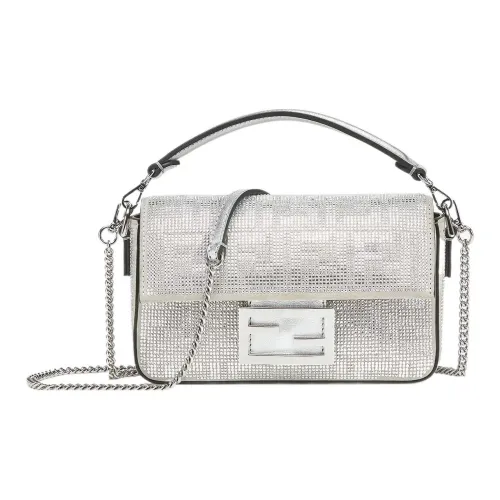 FENDI Artificial Crystal Calfskin Portable Crossbody Bag Shoulder Bag Mini Women's Silver