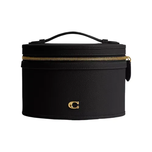 COACH Кожа Цилиндрическая Сумка Сумка Косметичка Маленькая Женская Латунь и Черный