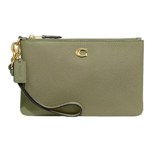 COACH Wristlet Галька Кожа Клатч Запястье Сумка Маленький Женские Латунный And Лесной мшистый