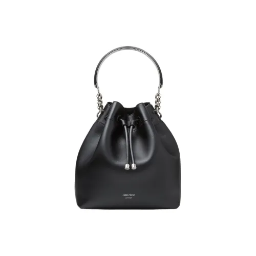 Jimmy Choo Гладкая Блестящая Телячья Кожа Ведрообразная Сумка Сумка через плечо Сумка для женщин Черный и Серебряный