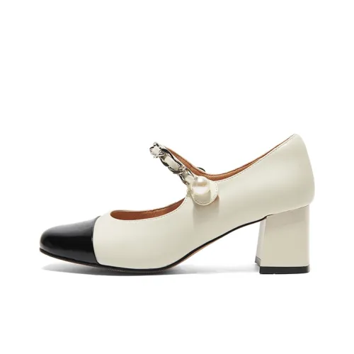 PT'SON Грубый каблук Туфли Мэри Джейн Женские Экрю