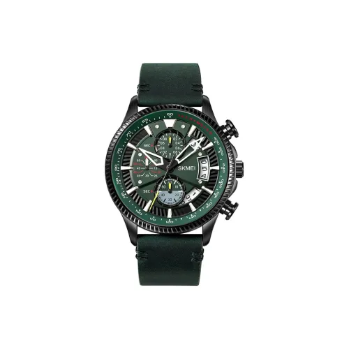 SKMEI Кварцевый механизм натуральная кожа ремешок часы для мужчин зеленый циферблат модель SKM 2059