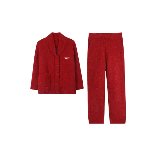 Sha Qian Пижамный комплект для осеннего и зимнего сезона мужской темно-красный