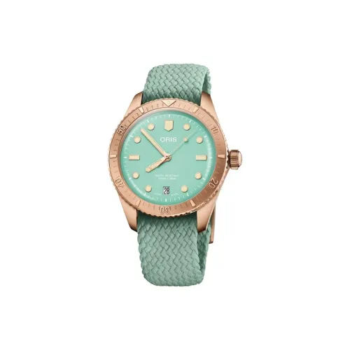 Oris Автоматический Механический Механизм Унисекс Часы 38 мм Зеленый Циферблат Бронзовый Корпус Ткань Ремешок