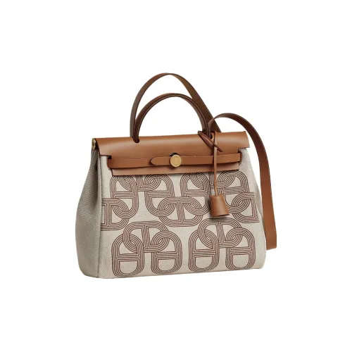 HERMES Herbag Zip Холст и Кожа Одно Плечо Через Плечо Холст Сумка Сумка Женская Бежевая Коричневая