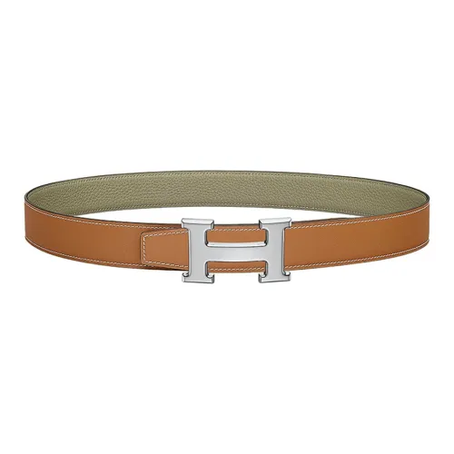 HERMES H Буква Smooth Clasp Кожаный Ремень Мужской Хаки Ширина 3,2 см