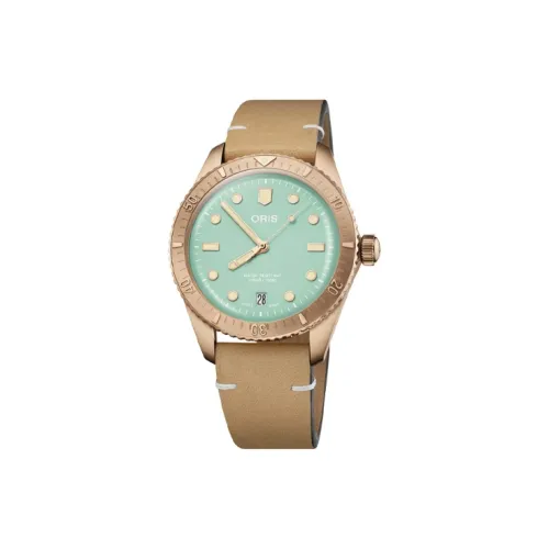 Oris Diving Collection Автоматический Механический Механизм Женские Часы 38 мм Зеленый Циферблат Бронзовый Корпус Часы Кожаный Ремешок из Коровьей Кожи