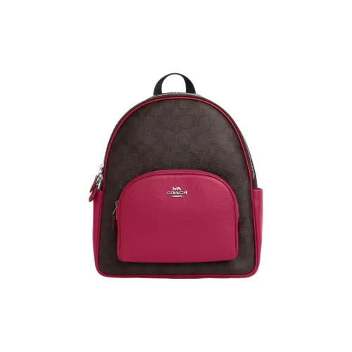 COACH Court Покрытый холст с утонченным узором из гальки кожаный рюкзак большой женский серебряный коричневый и ярко-фиолетовый
