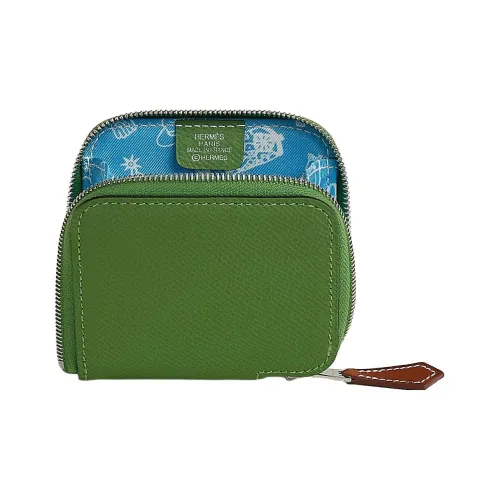HERMES Silk'In Epsom Телячья кожа Кошелек для монет Женские Зеленый и синий