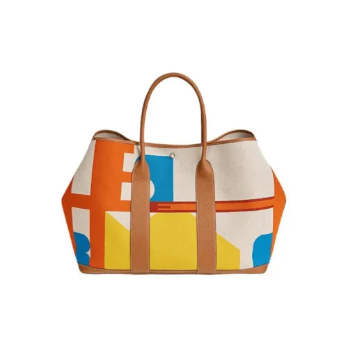 HERMES Garden Party H Plume Hermès Pacific Canvas с Negonda Телячья кожа Сад Сумка Женская Оранжевая Красная и Светлая Бежевая