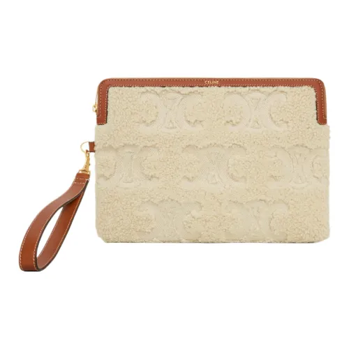 CELINE Triomphe Embroidery Shearling Clutch Small Women's Natural Tan
