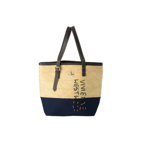 Vivienne Westwood Palm Canvas Leather Tote Bag Shopping Bag Shoulder Bag Handbag Women's Beige Marine Blue