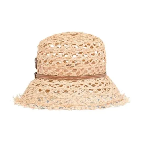 PRADA Raffia Leather Metal Bucket Hats Women's Khaki