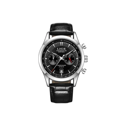 LIGE Кварцевый механизм кожаный ремешок мужские часы черный циферблат модель LG89128