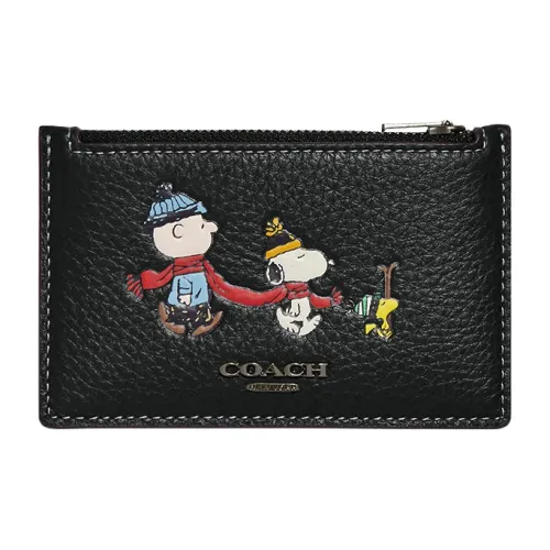 COACH Peanuts Снупи Коллаборация Карточный чехол Pebble Коровья кожа Монета Кошелек Держатель для карт Мини Женский Темно-зеленый