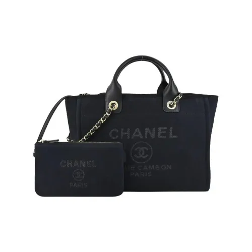 CHANEL Deauvill Canvas Tote Bag Shopping Bag Tote Bag Medium Women's Black