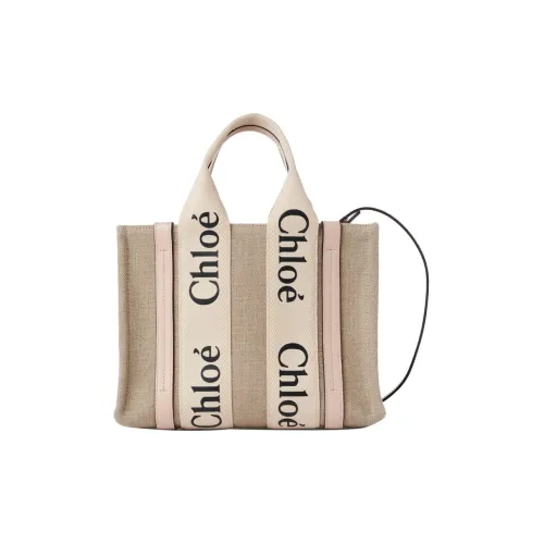 Chloe Woody Linen Canvas And Calfskin Detail Tote Bag Shopping Bag Handbag Small Women's Pink