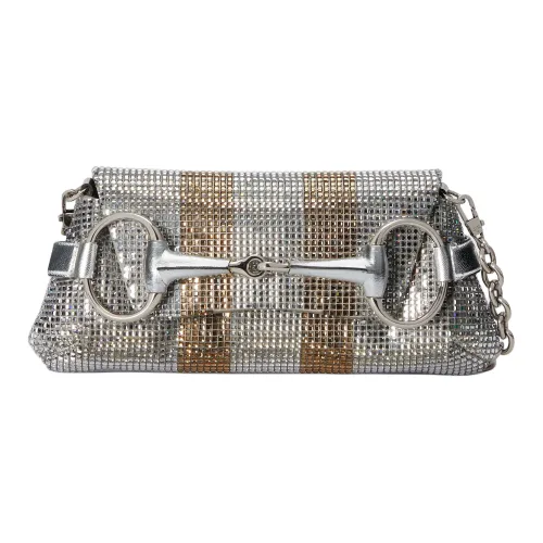 GUCCI Horsebit 1955 Шелковый атлас Сумка через плечо Женская серебряная