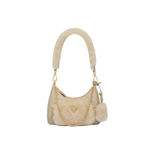 PRADA Переработанный нейлон с овчиной сумка через плечо женская пустыня бежевый