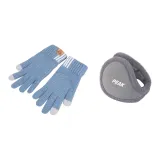 Перчатка озера синего цвета + серые меховые наушники с капюшоном