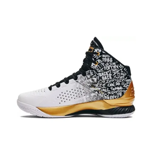 Under Armour Curry 1 Slip-Resistant Abrasion-Resistant Breathable High-Top Basketball Shoes Men's White Black Утеряющий сцепление устойчивый к истиранию дышащий высокий топ баскетбольные кроссовки мужские белый черный