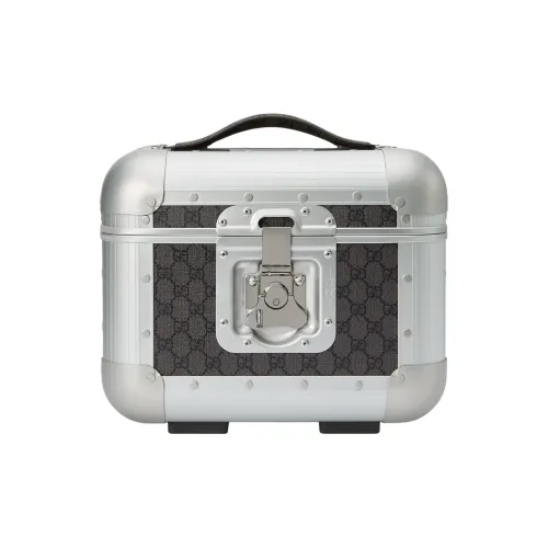 GUCCI Серебряный Aluminium Пэчворк Холст Макияж Чехол Мини Женский Серый и Черный