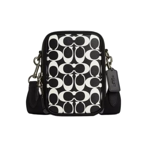 COACH Покрытый холст с телячьей кожей Camera Сумка Сумка через плечо Мини Унисекс Металлический Черный Мел