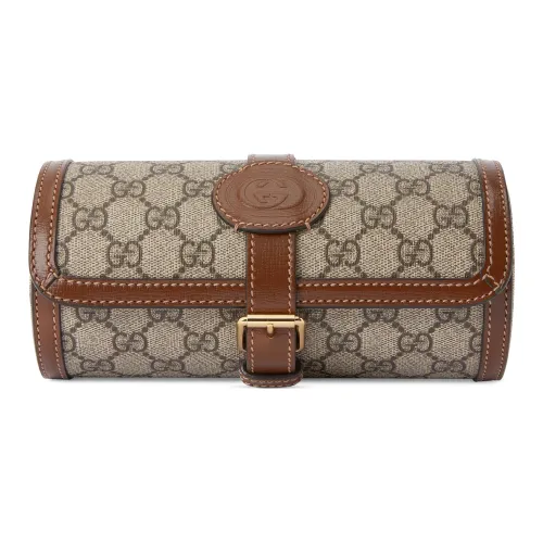 Gucci Canvas с кожаными вставками браслет коробка сумка для хранения мужской бежевый и эбеновый