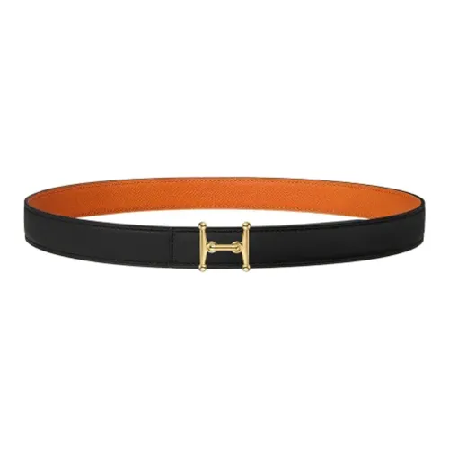 HERMES Двойной Sided H Smooth Clasp Кожаные ремни Женские Черный Ширина 2,4CM