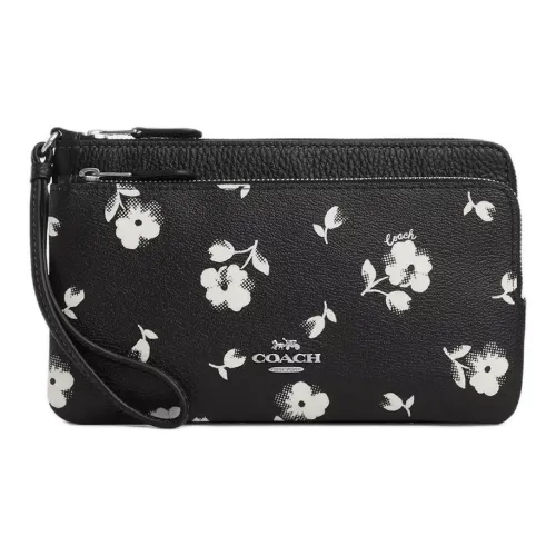 COACH Double Zip Wallet Покрытый холст с утонченным узором из гальки кожаный кошелек унисекс серебряный и черный разноцветный