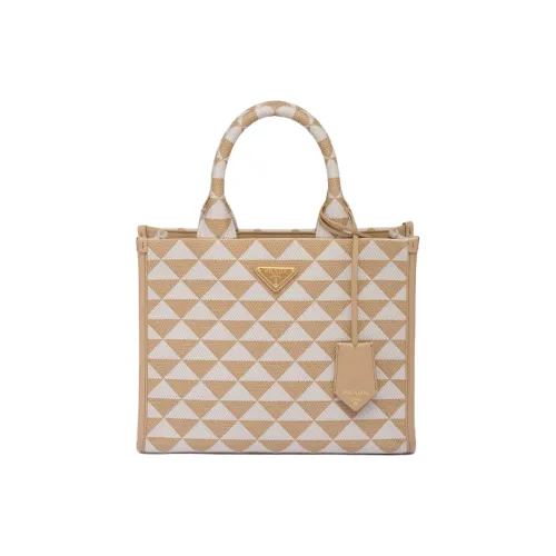 PRADA Symbole Ткань с кожаными вставками Тоут Сумка Сумка для покупок Сумка Маленькая Женская Бежевая Белая