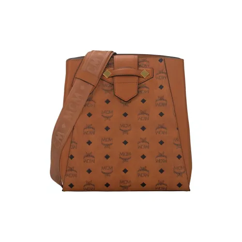 MCM Essential Visetos Origina Кожа Сумка-ведро Сумка через плечо Маленькая Женская Коньяк