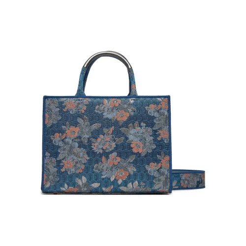 Furla Ткань с кожаными вставками Тоут Сумка Сумка для покупок Сумка через плечо Сумка Маленькая Женская Многоцветная и Синяя