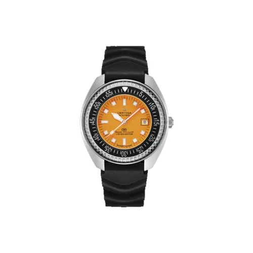 Certina Автоматический Механический Часы Мужские Часы 43,5 мм Апельсин Циферблат Часы Корпус из Нержавеющей Стали Резиновый Ремешок