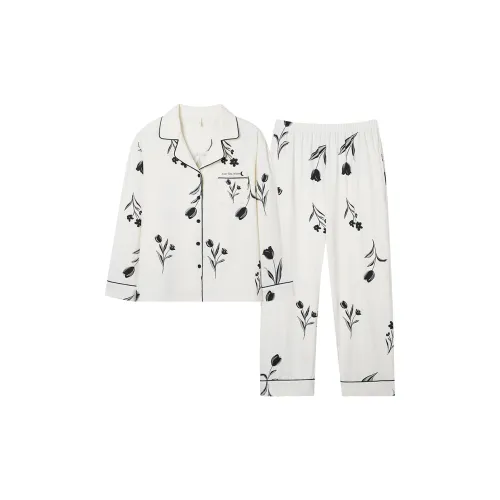 Sha Qian Пижамный комплект для весны и осени женский цвет слоновая кость